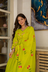 Lime Green Cotton Embroidered Kurti Pant And Dupatta Set