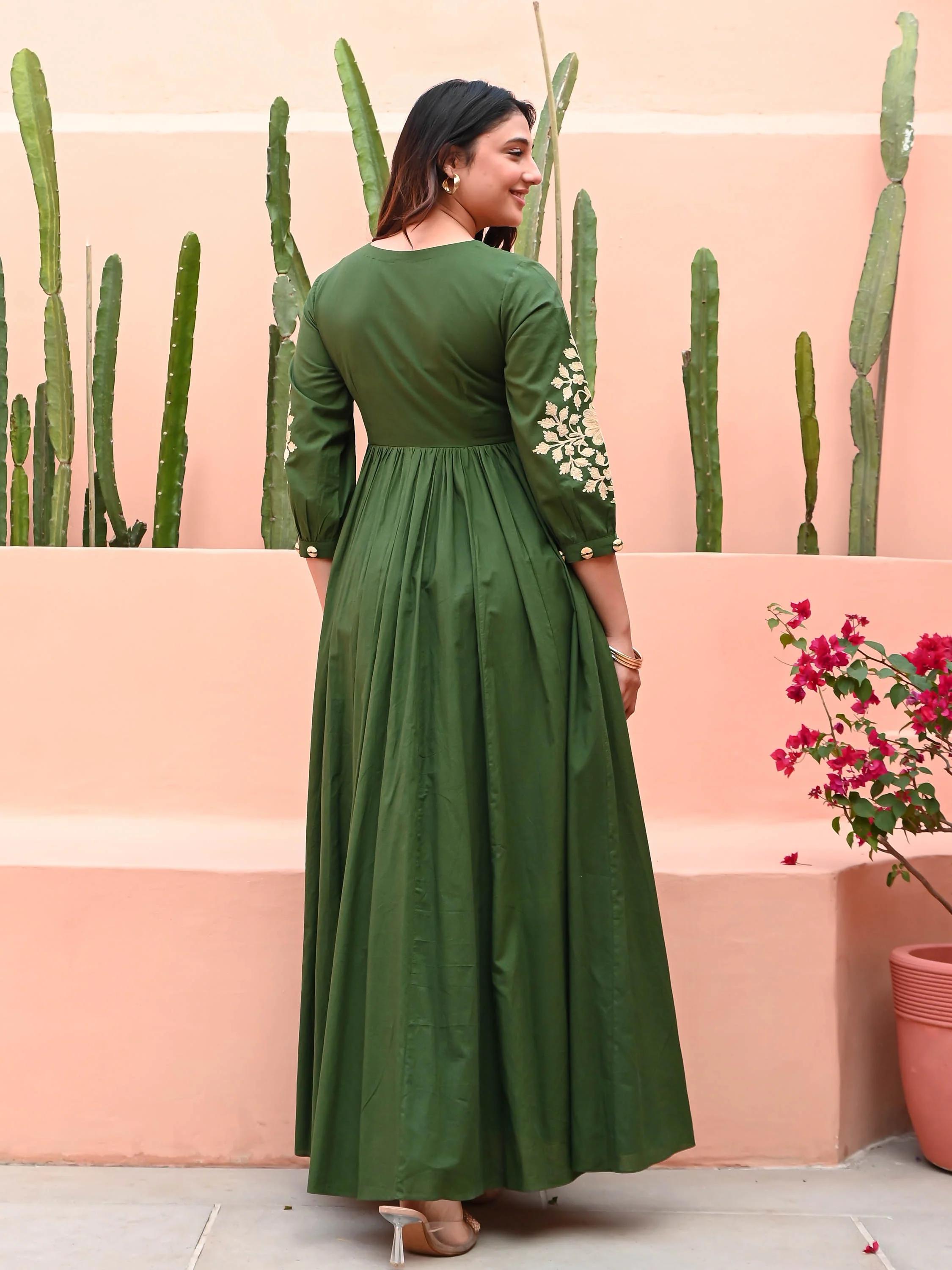 Green Cotton Anarkali Embroidery Gown