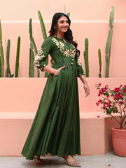 Green Cotton Anarkali Embroidery Gown