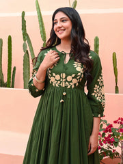 Green Cotton Anarkali Embroidery Gown