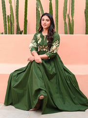 Green Cotton Anarkali Embroidery Gown