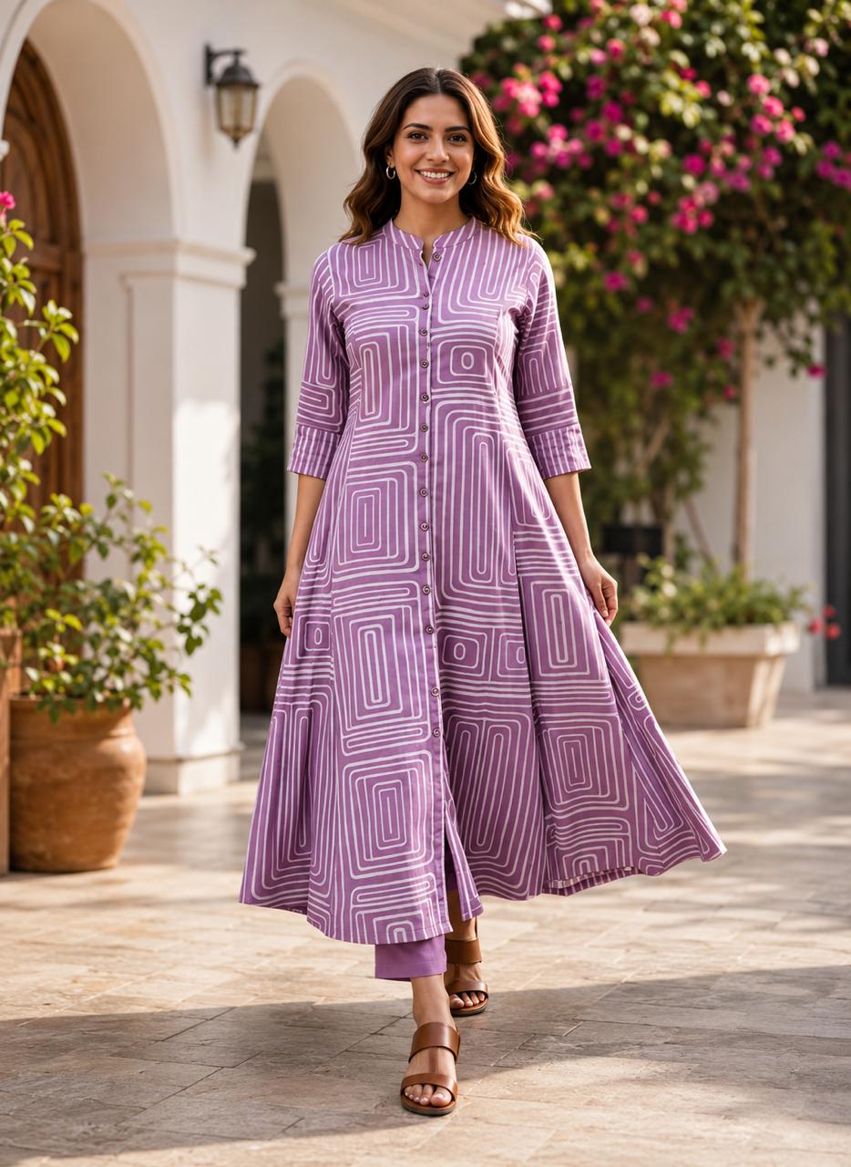 Women's Lavender Geometric Printed A-Line Kurta with Pants Set