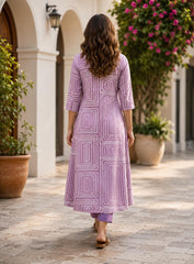 Women's Lavender Geometric Printed A-Line Kurta with Pants Set