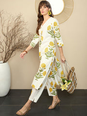White Marigold Floral Block Print Kurta with Straight Pant
