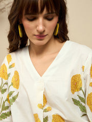 White Marigold Floral Block Print Kurta with Straight Pant