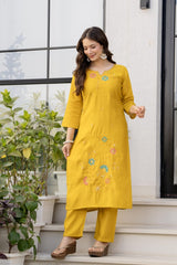 Women's Mustard Yellow Floral Embroidered Straight Kurta Set with Dupatta