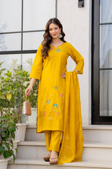 Women's Mustard Yellow Floral Embroidered Straight Kurta Set with Dupatta