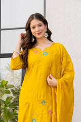 Women's Mustard Yellow Floral Embroidered Straight Kurta Set with Dupatta