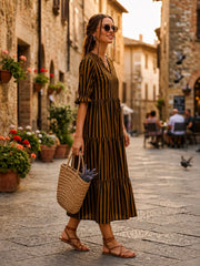 Black & Mustard Striped Tiered Maxi Dress for woman