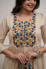 Women's Cream Kalamkari Print Anarkali Kurta Set with Pant & Dupatta