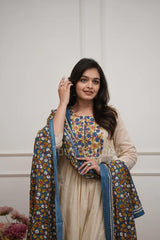 Women's Cream Kalamkari Print Anarkali Kurta Set with Pant & Dupatta