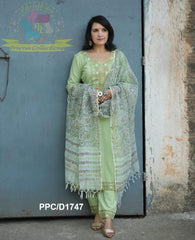 Women's Pista Green Embroidered Straight Kurta Pant Set with Kota Doria Dupatta