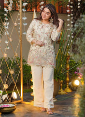 Women's Cream Heavy Embroidered French Crepe Co-ord Set with Pants