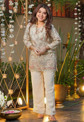 Women's Cream Heavy Embroidered French Crepe Co-ord Set with Pants