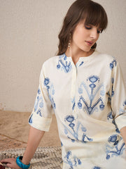 Women's Cream Blue Ikat Print Cotton Flex Co-ord Kurta & Pant Set