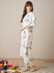 Women's Cream Blue Ikat Print Cotton Flex Co-ord Kurta & Pant Set