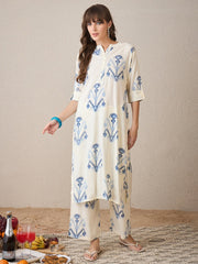 Women's Cream Blue Ikat Print Cotton Flex Co-ord Kurta & Pant Set
