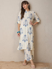 Women's Cream Blue Ikat Print Cotton Flex Co-ord Kurta & Pant Set