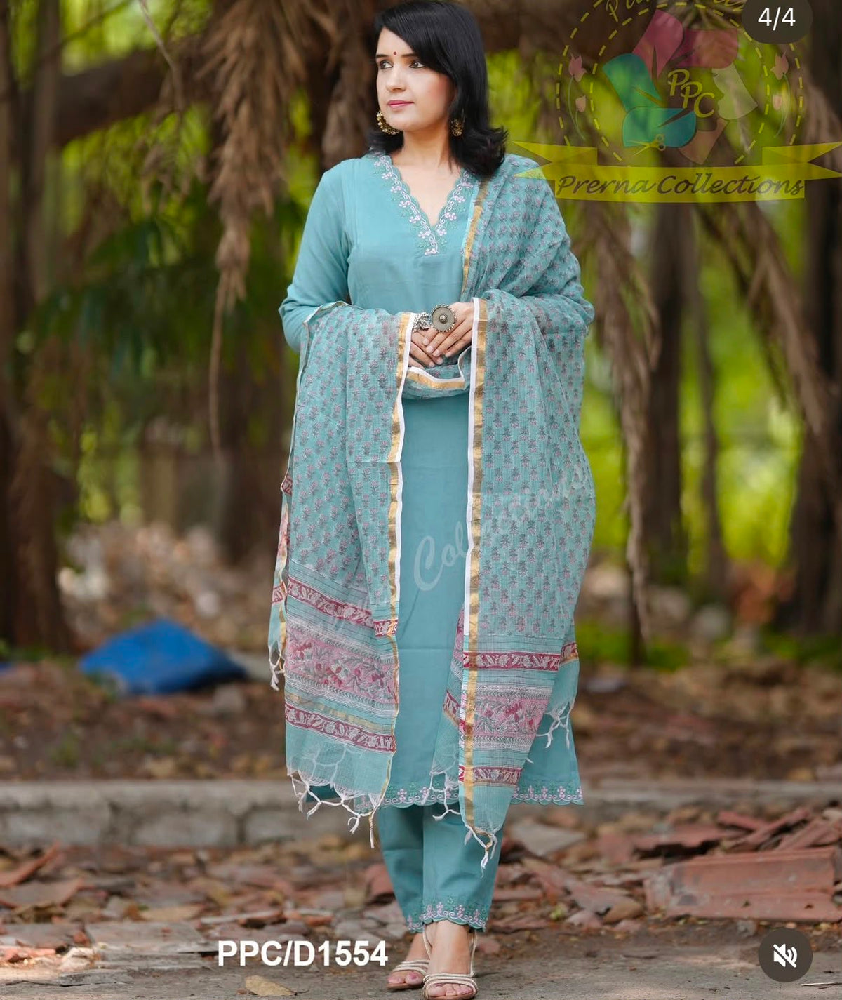 Women's Teal Blue Embroidered Straight Kurta Pant Set with Kota Doria Dupatta