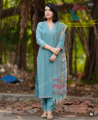 Women's Teal Blue Embroidered Straight Kurta Pant Set with Kota Doria Dupatta
