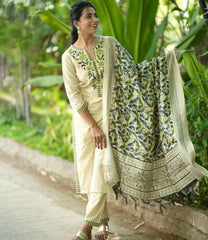 Women's Cream Green Floral Embroidered Straight Kurta Pant Set with Chanderi Dupatta - Premium