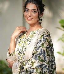 Women's Cream Green Floral Embroidered Straight Kurta Pant Set with Chanderi Dupatta - Premium