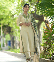 Women's Cream Green Floral Embroidered Straight Kurta Pant Set with Chanderi Dupatta - Premium