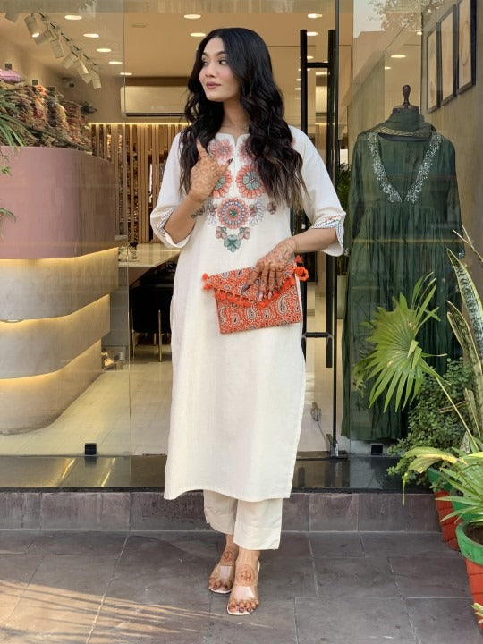 Off White Embroidered Cotton Flex Kurta and Pant Set