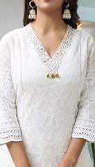 Off-white Chikankari Cotton Kurta paired with Pants and Chanderi Dupatta Set