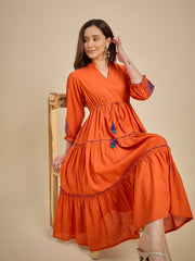 Women's Orange Embroidered Tiered Midi Dress