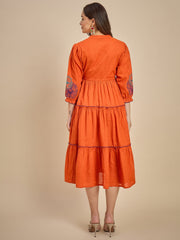 Women's Orange Embroidered Tiered Midi Dress
