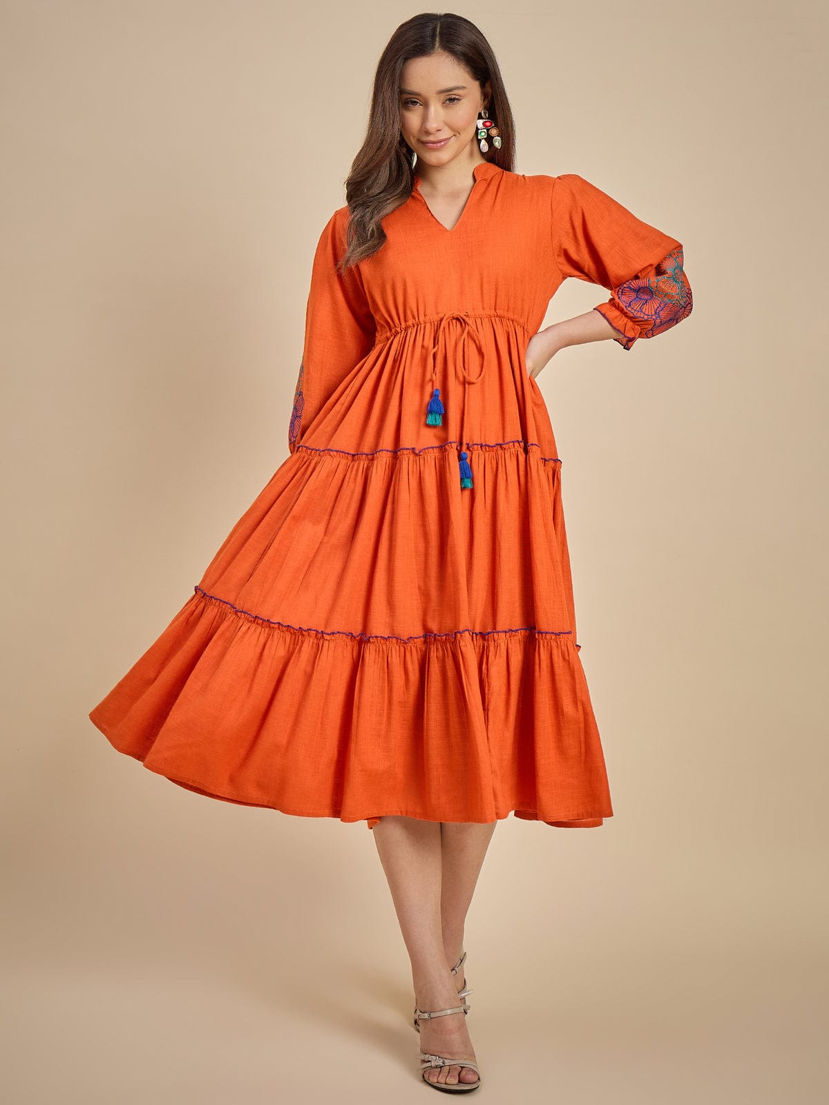Women's Orange Embroidered Tiered Midi Dress