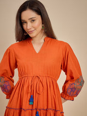 Women's Orange Embroidered Tiered Midi Dress
