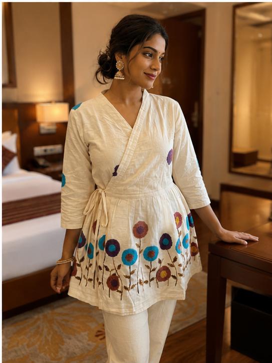 Women's Floral Embroidered Angrakha Peplum Kurta with Pant - Raddo Cotton