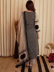 Women's Beige Black Chakra Procion Print Straight Kurta Set with Pant & Dupatta