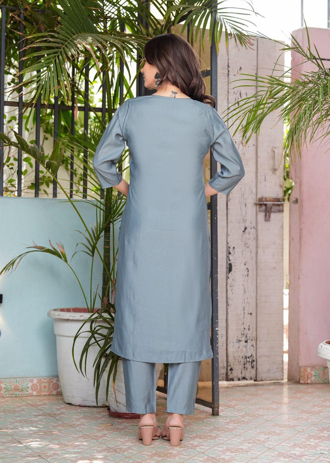 Beautiful Roman Modal Silk Kurti with Classy Comfort Pant and Silk Printed Dupatta - pasoya