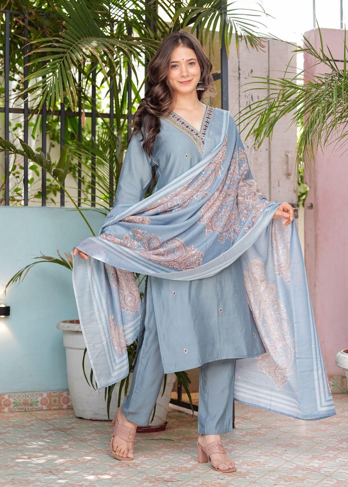 Beautiful Roman Modal Silk Kurti with Classy Comfort Pant and Silk Printed Dupatta - pasoya