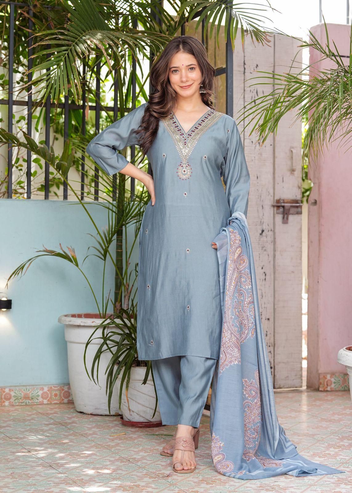 Beautiful Roman Modal Silk Kurti with Classy Comfort Pant and Silk Printed Dupatta - pasoya