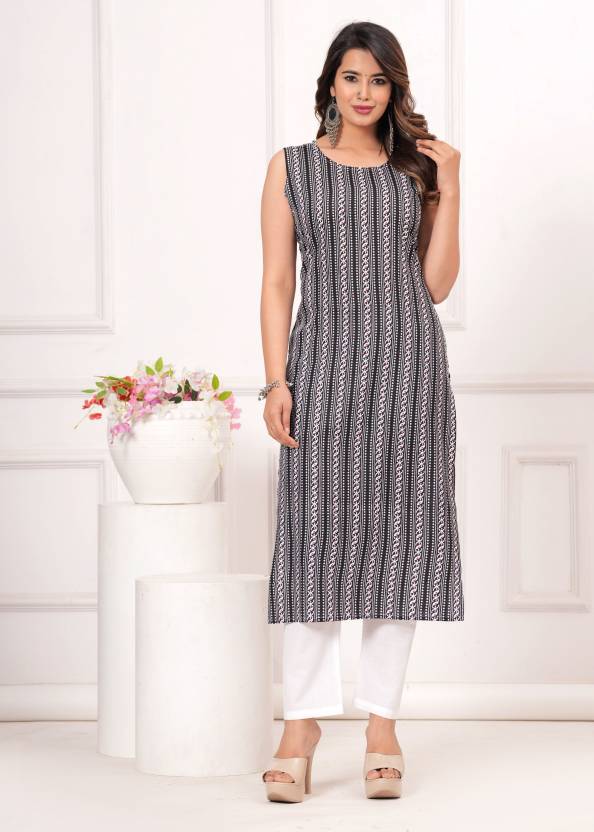 Black Linning Design Kurti with White Pant - pasoya