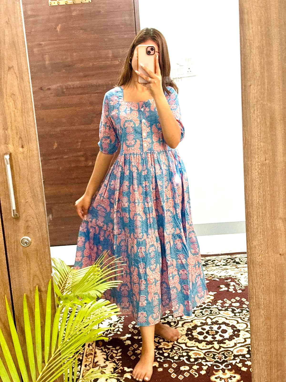 Blue Printed Cotton Flared Dress - pasoya