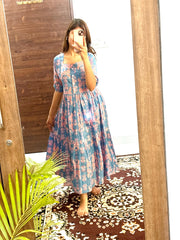 Blue Printed Cotton Flared Dress - pasoya