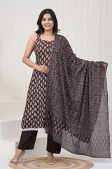 Brown Kurti, Pant and Dupatta Set with Lace Work - pasoya