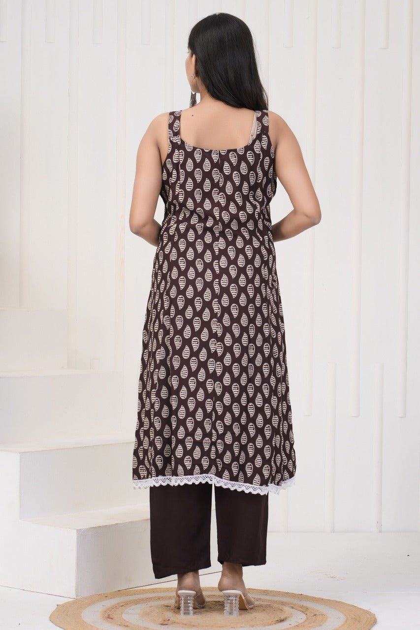 Brown Kurti, Pant and Dupatta Set with Lace Work - pasoya