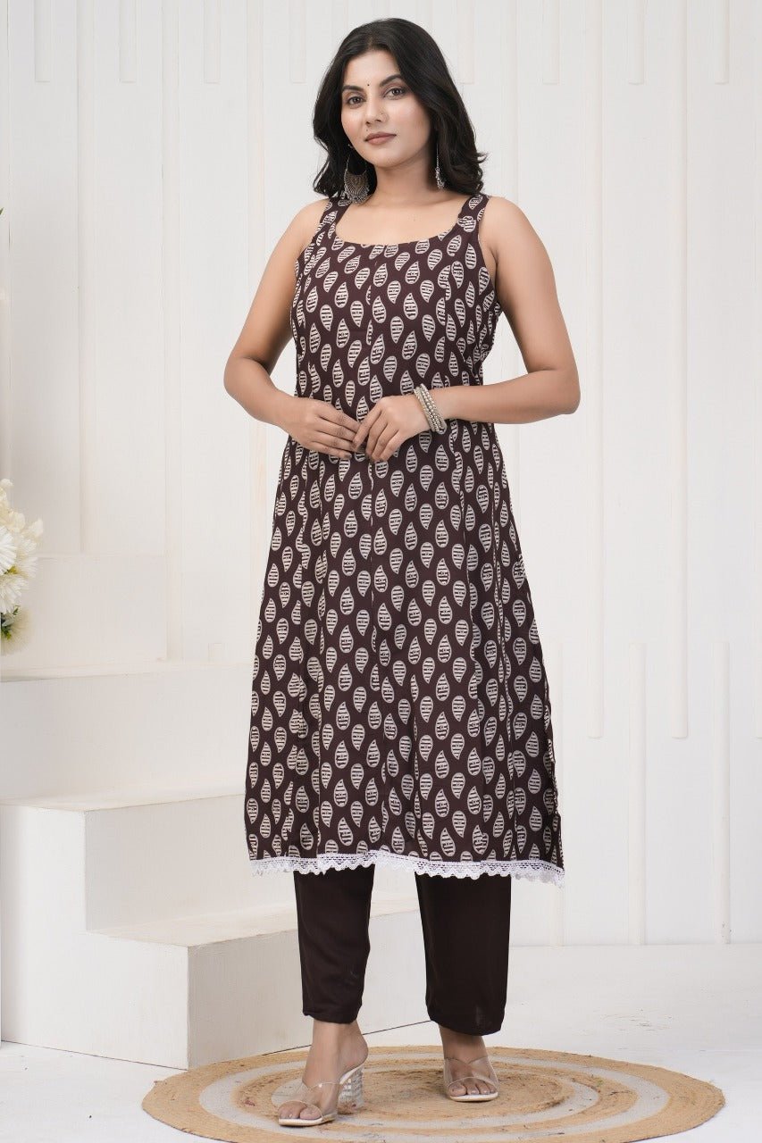 Brown Kurti, Pant and Dupatta Set with Lace Work - pasoya