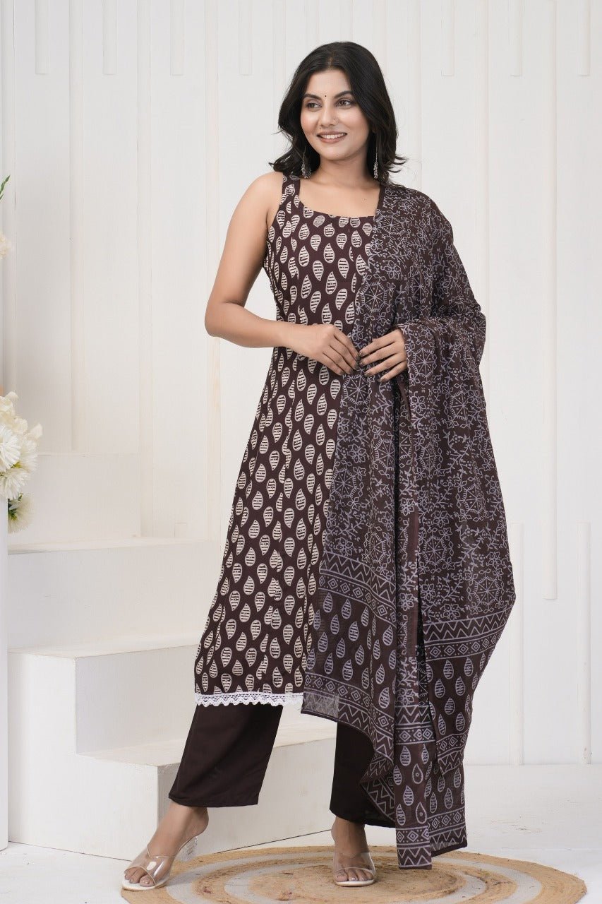 Brown Kurti, Pant and Dupatta Set with Lace Work - pasoya