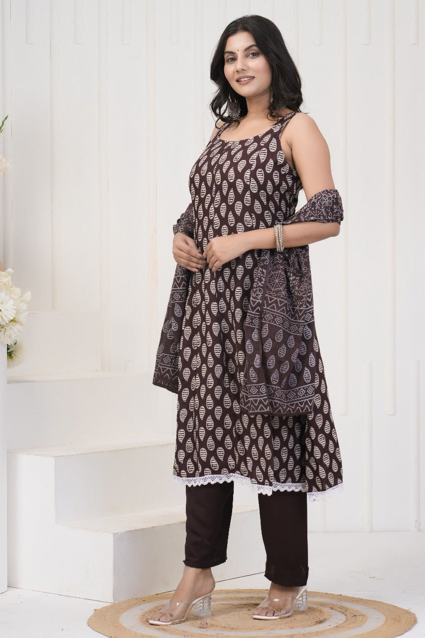 Brown Kurti, Pant and Dupatta Set with Lace Work - pasoya