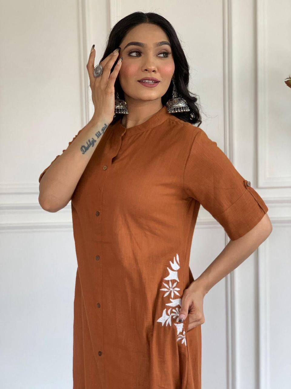 Brown Rust Embroidered Cotton Kurta and Palazzo Set - pasoya