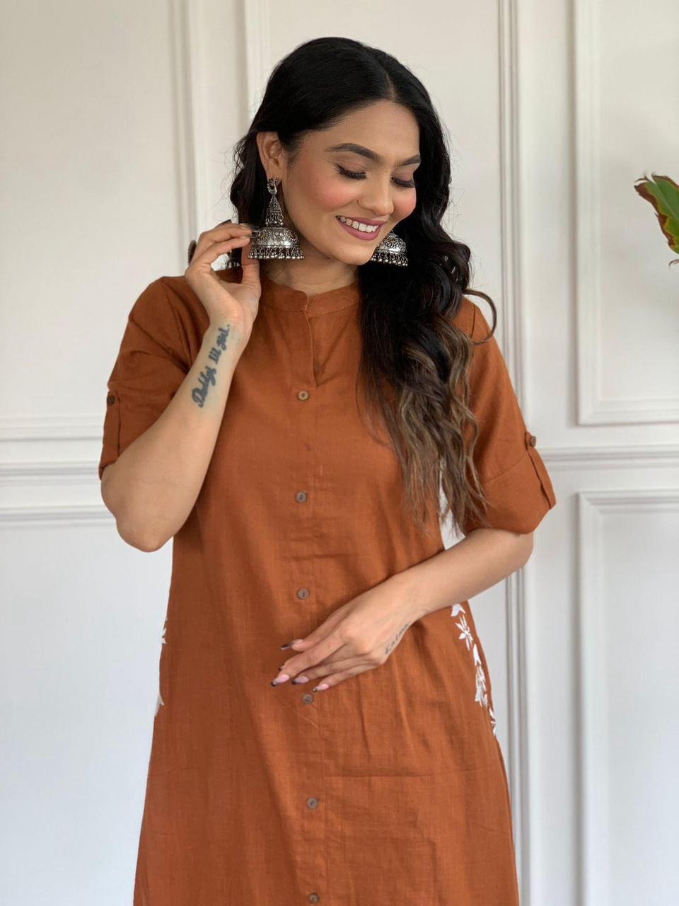 Brown Rust Embroidered Cotton Kurta and Palazzo Set - pasoya