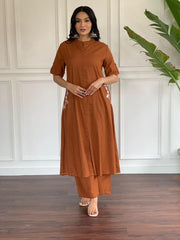 Brown Rust Embroidered Cotton Kurta and Palazzo Set - pasoya