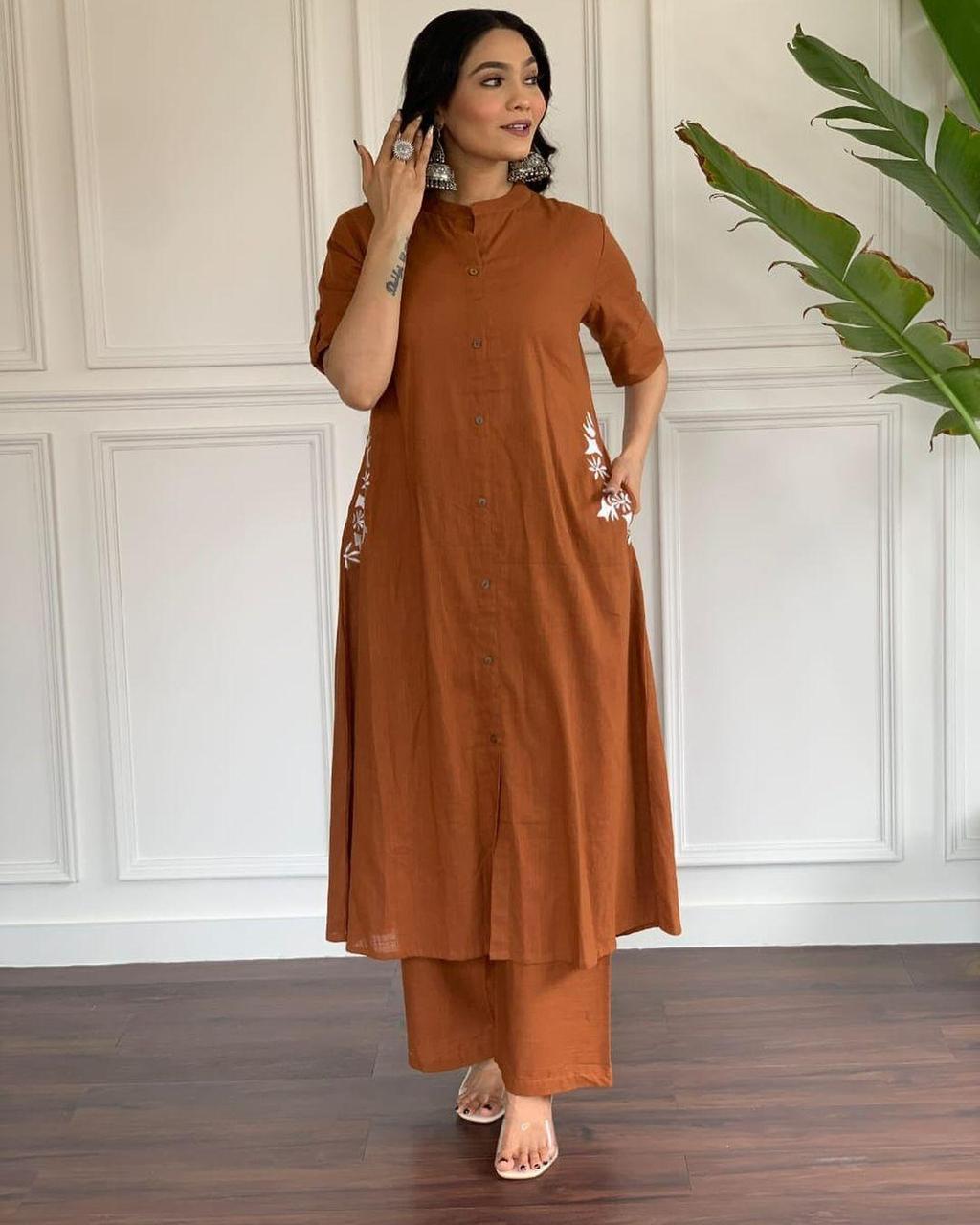 Brown Rust Embroidered Cotton Kurta and Palazzo Set - pasoya